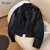 Women's Stand Collar PU Leather Short Motorcycle Jacket