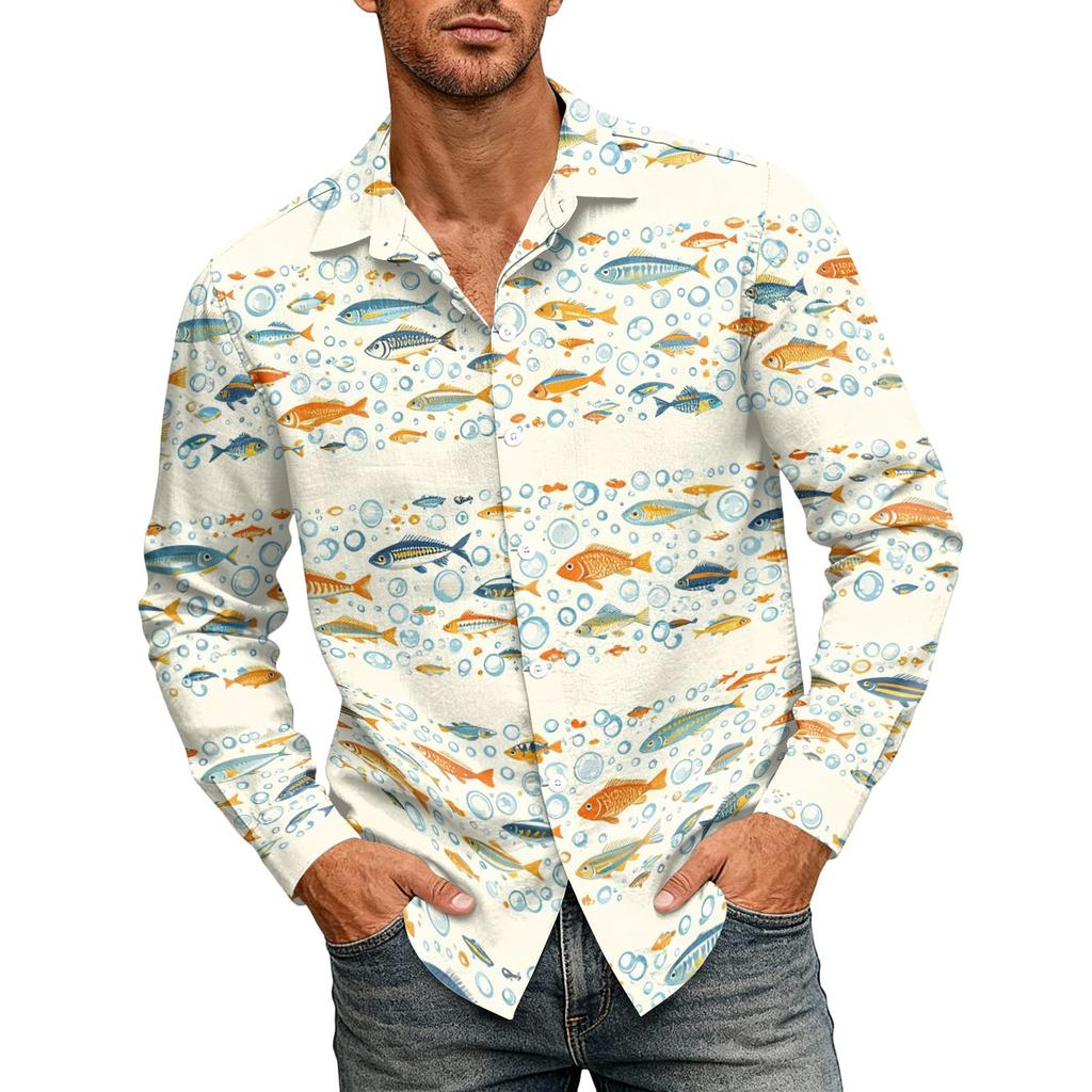 Herren Hawaii Hemd Lockerer Schnitt Langarm Hemd mit Knöpfen Vintage Lässig Sommer Strandhemd