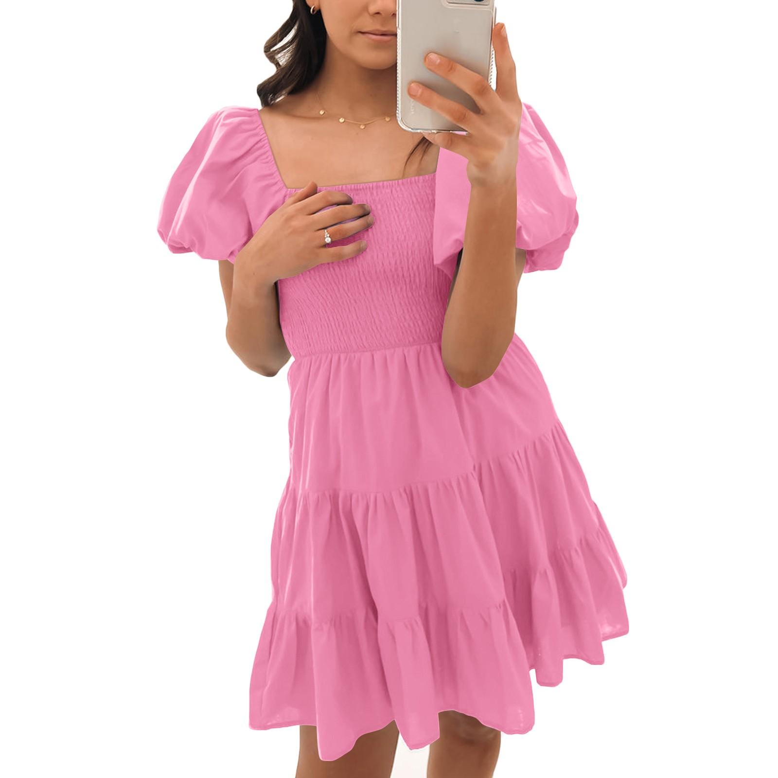 Women s Bubble Sleeve Pleated Patchwork A-line Large Hem Dress XL розовый