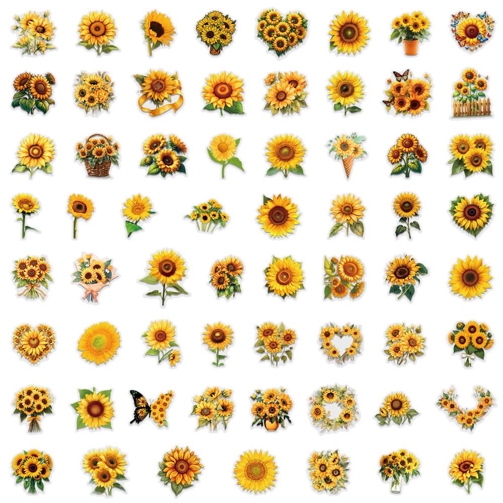 

60pcs Cartoon Sunflower Waterproof Transparent Stickers for Journals, Water Bottles, and Computers