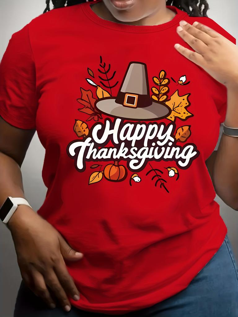 Thanksgiving Graphic Happy Thanksgiving Lettering with Autumn Leaves Pumpkins Turkey Design Vibrant Red Round Neck