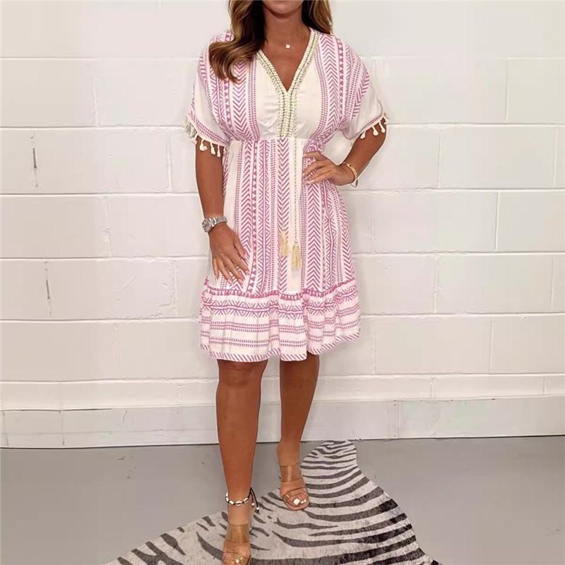 

European And American Women s Summer New Style Printed Lace V-neck Short-sleeved Dress Striped Loose Casual Short Long Skirt XXL рожевий