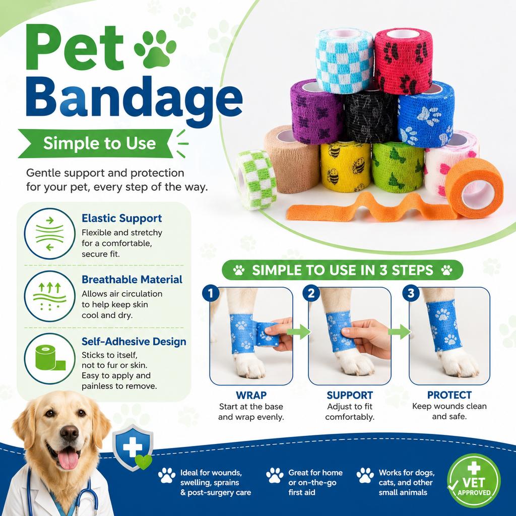 Vendaje Adhesivo Autoadhesivo Transpirable No Tejido de Primeros Auxilios para Perro Gato Mascota