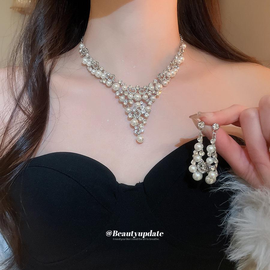 Elegant Rhinestone Faux Pearl Geometric Earrings & Necklace Set