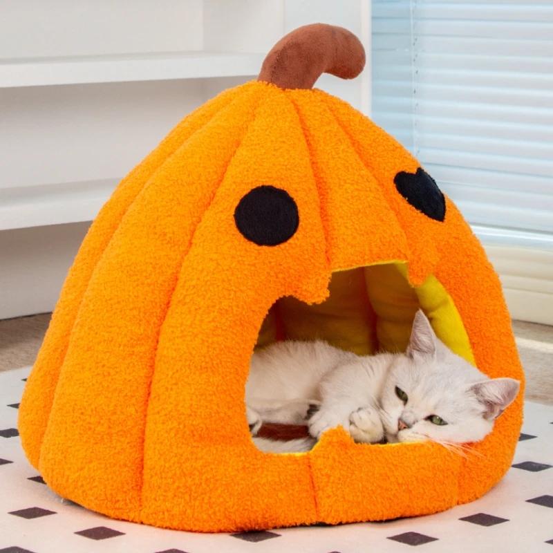 Halloween Pumpkin Velvet Cat Nest Waterproof Warm Bed for Kittens Party Decoration for Pet Cute Sleeping Bag Cushion for Devon