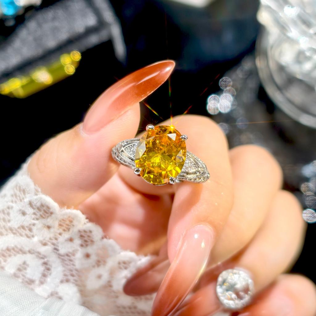 2026 Pigeon Egg Celebrity Style Vintage Engraved Golden Zircon Sea Blue Open Ring Female, Banquet Birthday Gift