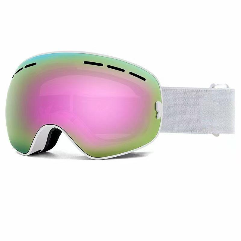 Adult Outdoor Anti-Fog Ski Goggles for Men and Women, Anti-Fog Ski Goggles with Myopia Lens, Double-Layer Large Spherical Protective Goggles White framed pink tablet