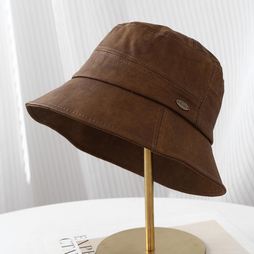 Autumn and Winter New Matte Pattern PU Leather Bucket Hat Women's Literary and Fashionable Big Eaves Retro Bucket Hat