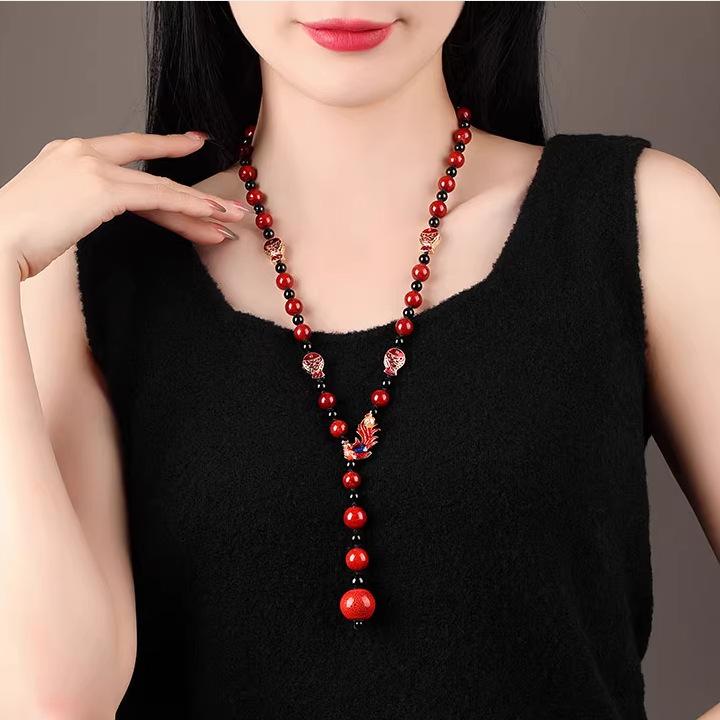 GEMCHIC Women s Vintage Chinese Style Cloisonné Phoenix Necklace Long Red Agate Beads Sweater Chain Ethnic Jewelry Gift