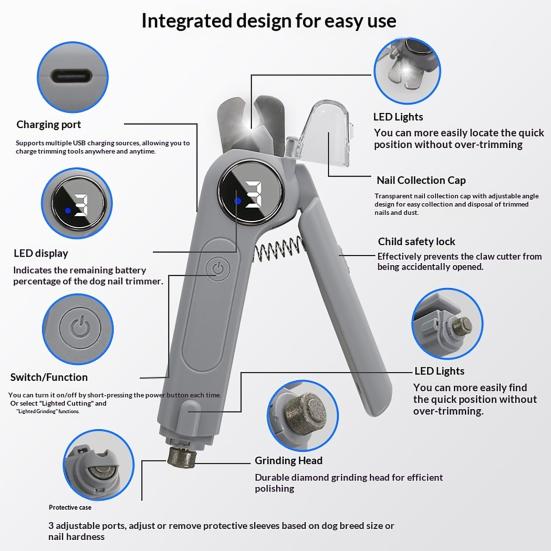 Tagliaunghie e Lima per Unghie per Cani 2 in 1 Ricaricabile via USB Trimmer Elettrico per Unghie per Animali Domestici con Luce LED Strumento Silenzioso per la Toelettatura per Cani di Taglia Grande Media Piccola Gatti
