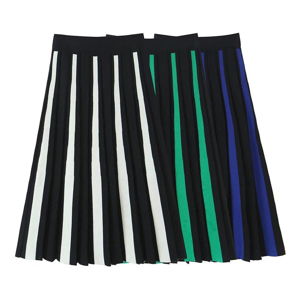 2025 Women's Knit Color Block Striped Pleated Half Skirt