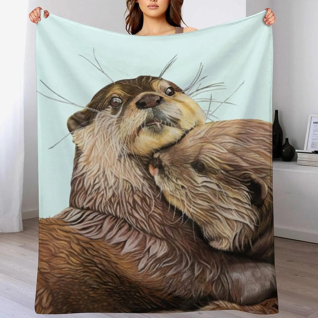 Copy of Otter couple Otter art wall art wildlife art mate family swim Throw Blanket Soft Sherpa Fleece Warm Blanket for Winter