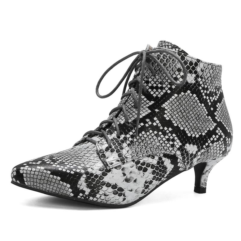 

Короткие каблуки Ботильоны для женщин 2025 Весна Змеиный принт Острый носок Шнуровка Короткие ботинки Танцевальная обувь Туфли Женские Большой размер 45 39 чёрный