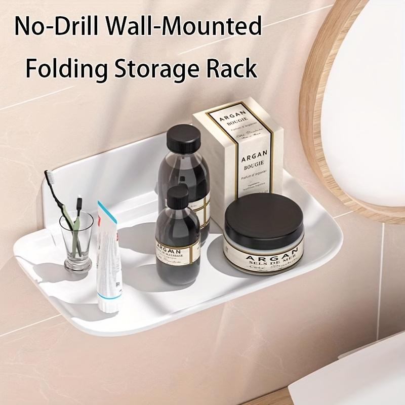 No-drill wall-mounted folding storage rack - White plastic space-saving storage rack with multiple compartments Suitable hanging rack for the