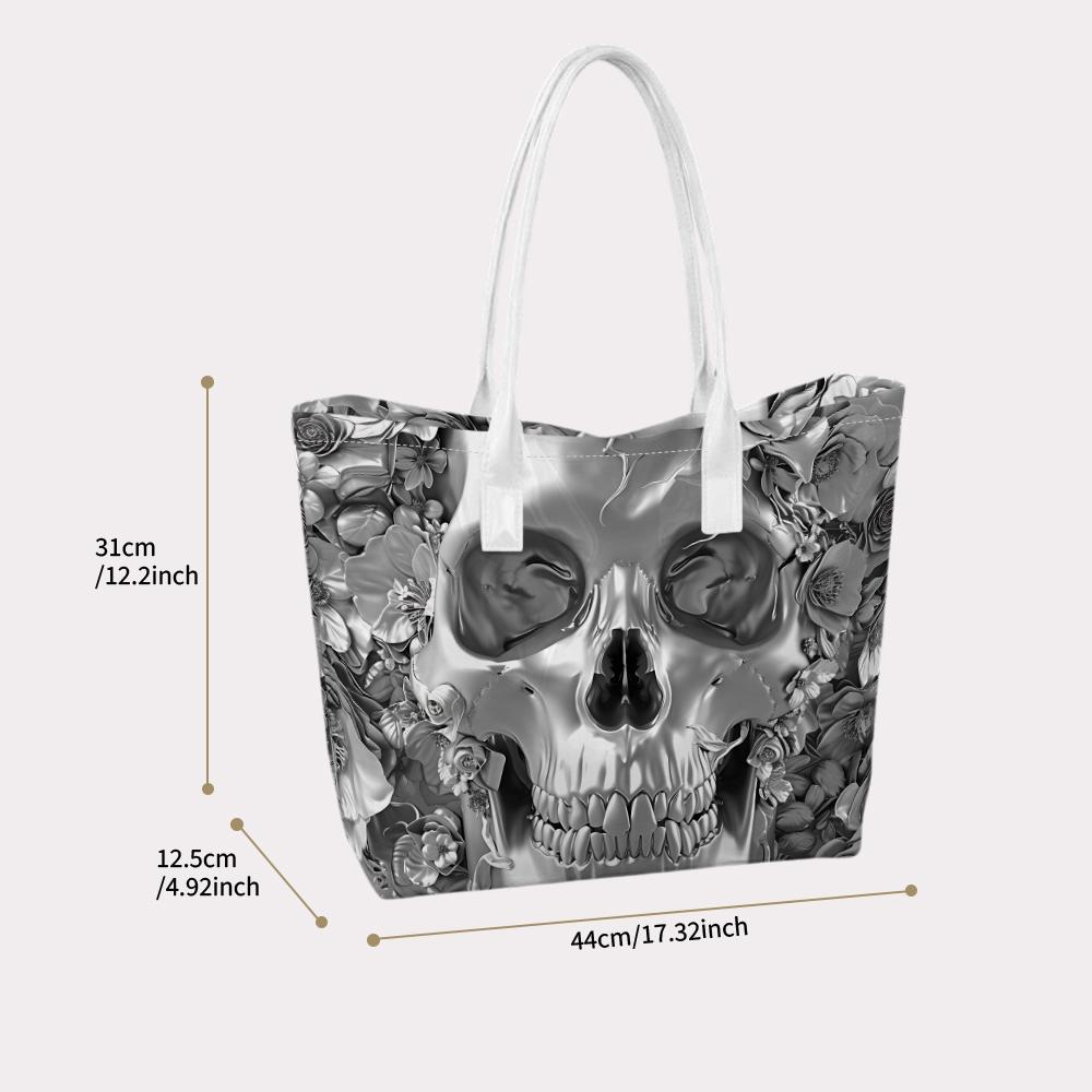 Grey Skull Floral Casual Tote Bag Portable Daily Handbag Fashion Versatile Shoulder Bag