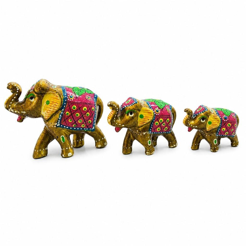 Paper Mache Elephant Showpiece, Yellow, Set of 3 Traditional, Artistic, Home Decor