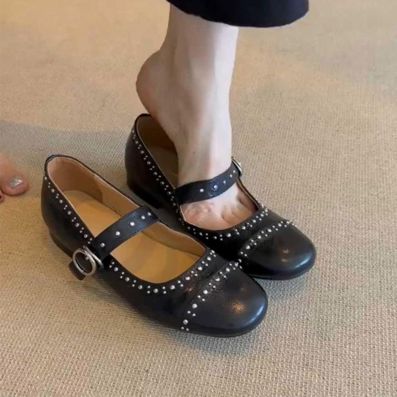 Sheepskin Version~ Gentle Wind Shallow Mouth Rivets Mary Jane Single Shoes Women's Versatile Flat Bottom One Word with Ballet Shoes