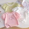 Children's Summer T-shirt Girls' Cartoon Rabbit Bubble Sleeve Short Sleeve Top Baby Girls Lace Top Half Sleeve Bottom Shirt Princess