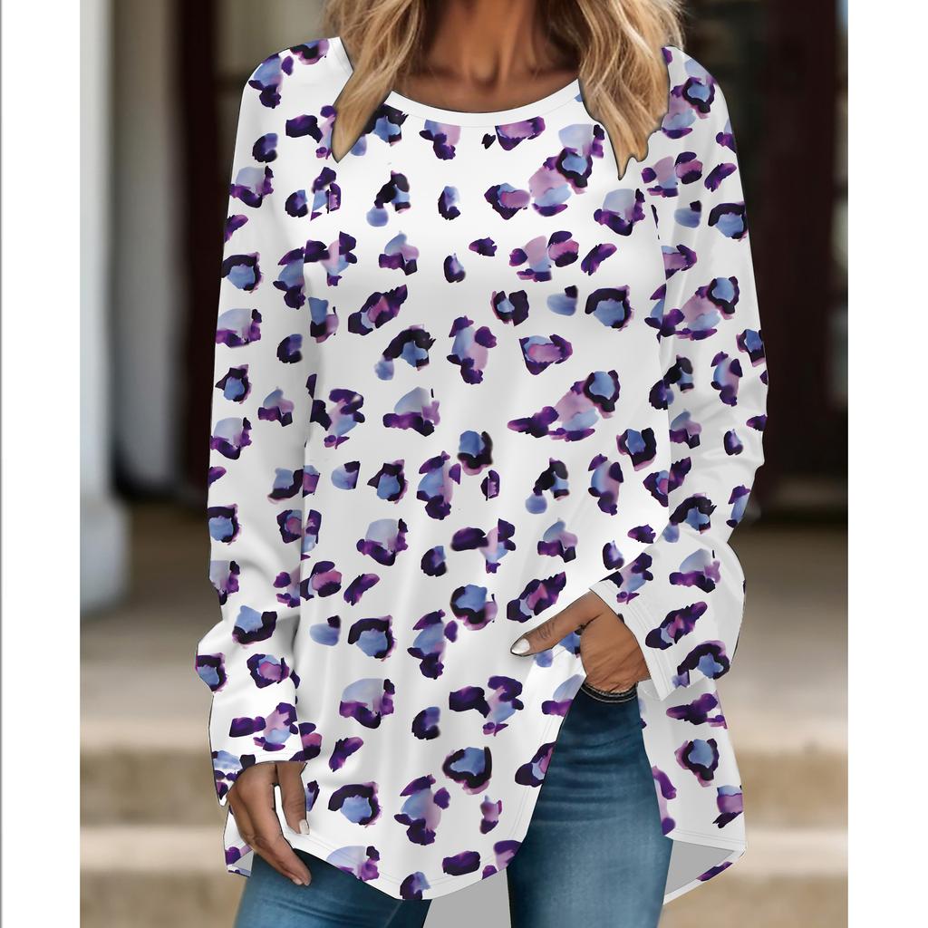 Plus Size Women Fashionable Personality  Leopard Printed Comfy Long Sleeve Round Collar T-shirt Casual Baggy Mid Length Tee Tops