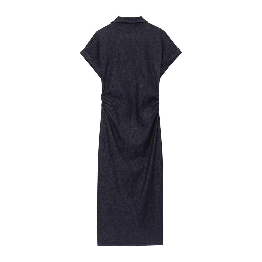 2025 Spring Women's European & American Style Short-Sleeve Denim Midi Dress with Turn-Down Collar