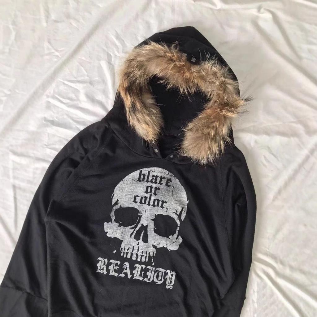 VAYLA American Retro Skull Letter Print Long Sleeves Fluffy Hoodie Autumn Winter Hooded Pullover Y2k Top