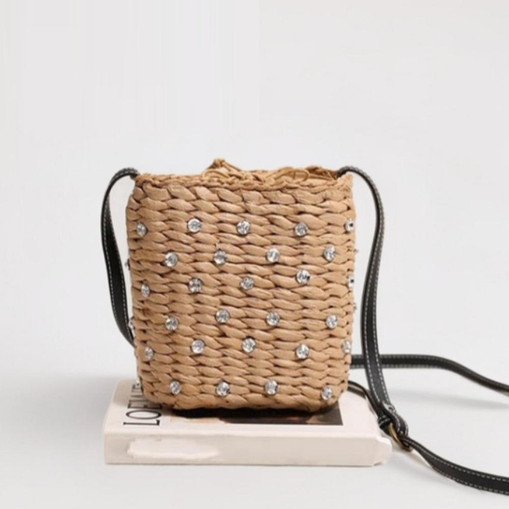 Bohemian Diamond Straw Bags for Women Summer Rhinestone Shoulder Bag Travel Drawstring Beach Bag Woven Crossbody Bags Purses