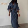 Women's V Neck Maxi Dress Sexy Hollow Out Short Sleeve Bodycon Split Dress Summer Cotton Linen Long Dress for Beach Vacation