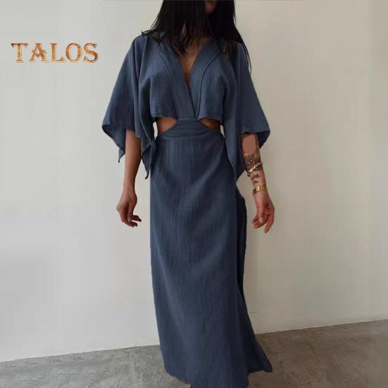 Women's V Neck Maxi Dress Sexy Hollow Out Short Sleeve Bodycon Split Dress Summer Cotton Linen Long Dress for Beach Vacation