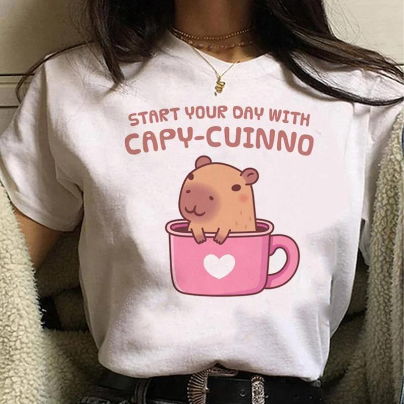 Capybara Streetwear Mode d'Été T-shirt Femme Harajuku Chemise Vêtements Kawaii Manches Courtes T-shirt en Coton Haut Décontracté à Col Rond