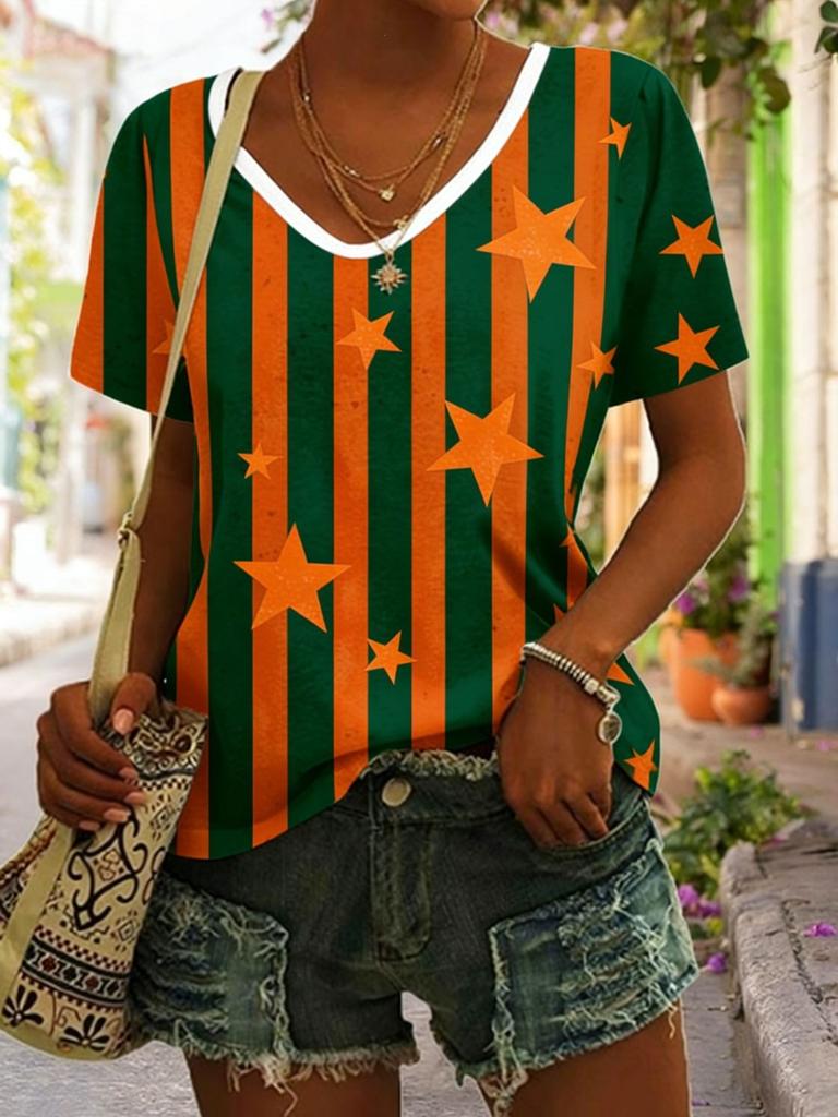 Summer Star Stripe 3D Print T-Shirts Women's Casual Short Sleeve V-Neck T Shirt Top Y2k Harajuku Tees Female Streetwear Clothing