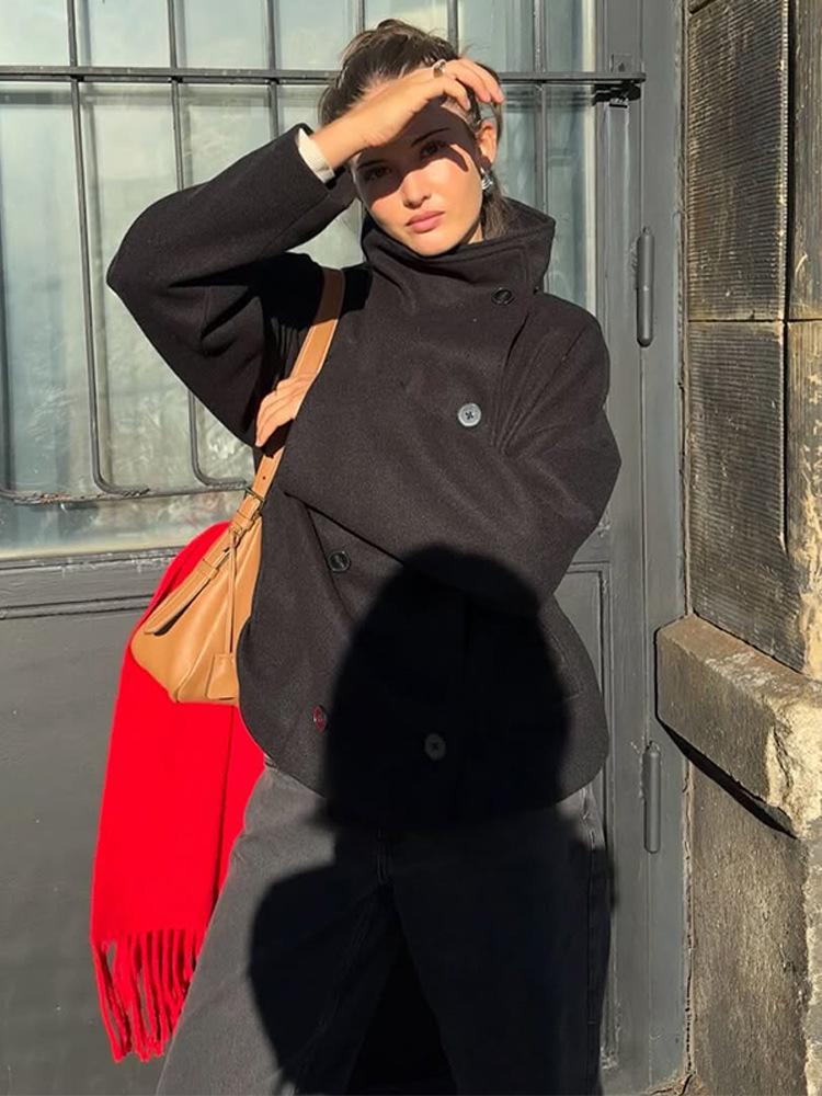 2025 Solid Color Double-Breasted Stand-Up Collar Short Coat - Long-Sleeved, Autumn/Winter