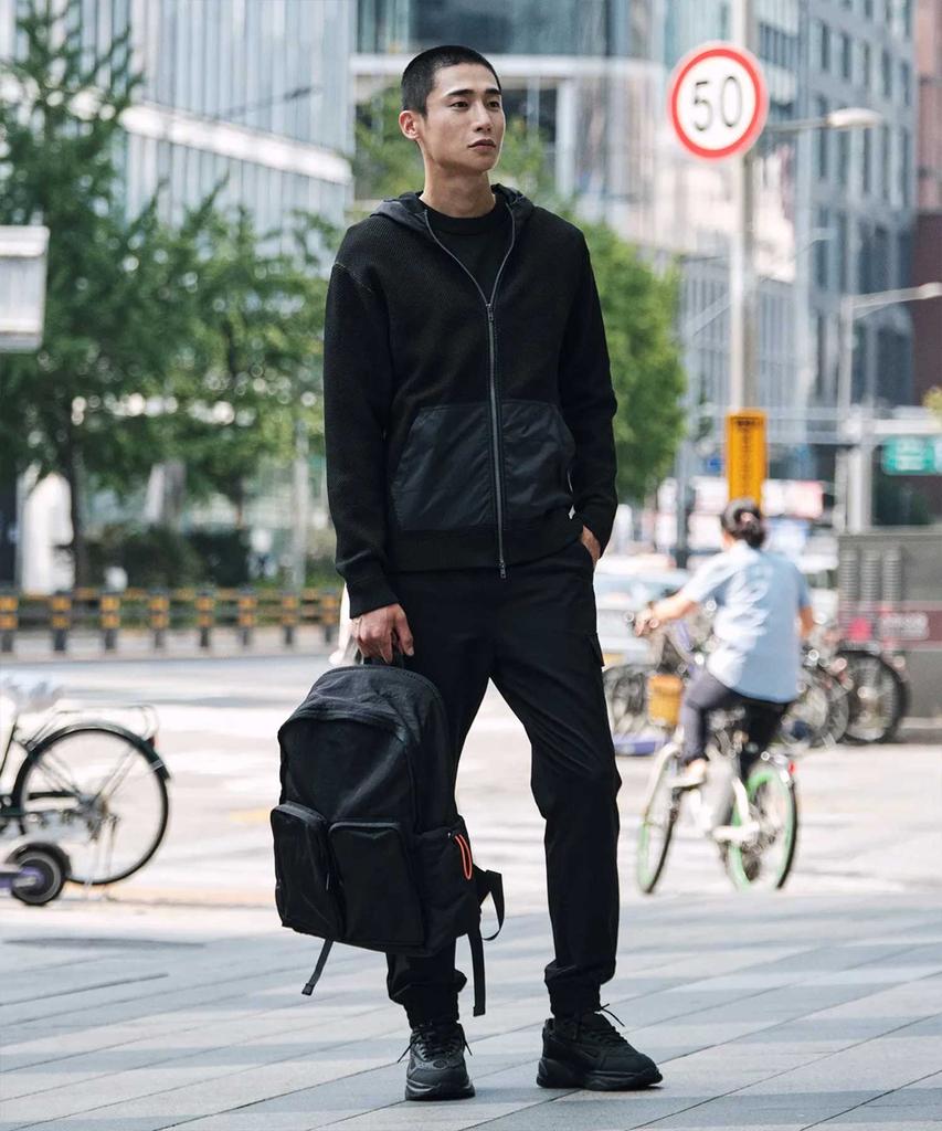 Stco Nylon Contrast Zip-Up Hoodie Knit_Black (Semi-Oversized Fit)_Swiwa04Nsb