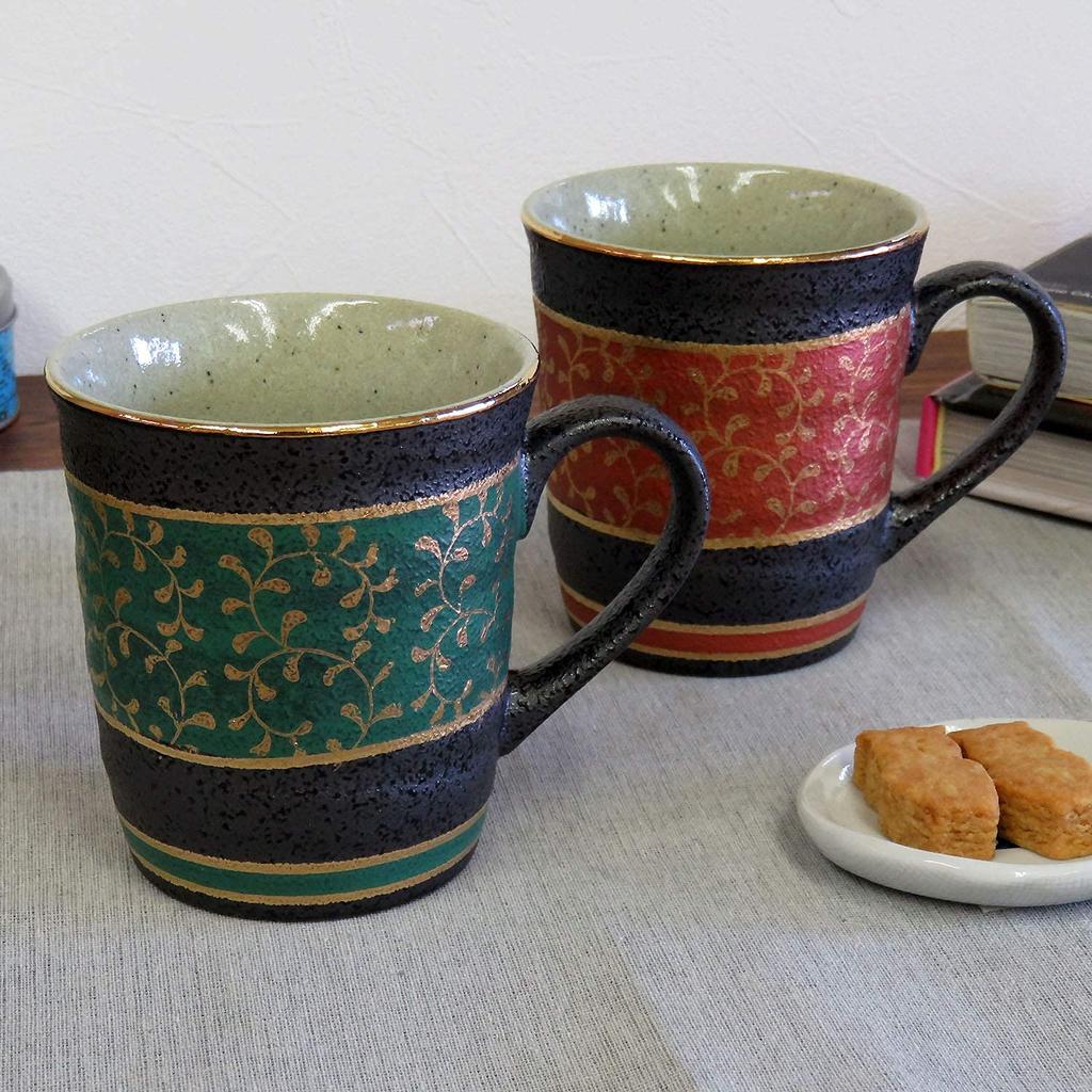Kutani Ware Pottery Pair Mug Gold Arabesque AK5-0886