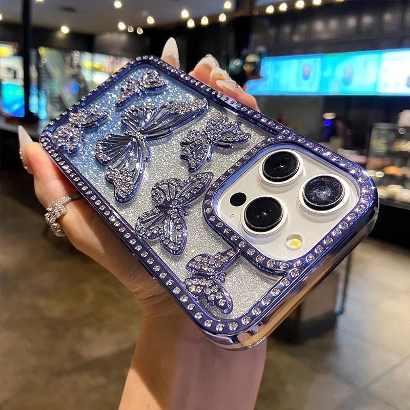 3D Fashion Electroplate Butterfly Glitter Diamond Phone Case for IPhone 17 16 Pro Max 15 14 13 12 11 Transparent Back Cover
