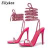 Fashion Eilyken Transparent Crystal Rhinestone Women Sandals Ankle Lace-up Square Toe Wedding Party High Heels Female Shoes