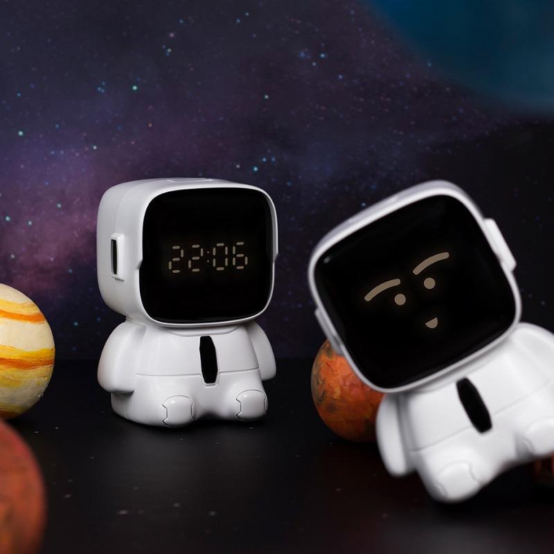 Cartoon Big Head Robot Digital Alarm Clock 12/24H Snooze Countdown Timer LED Adorable Emoji Display for Kids Desk Bedside Decor