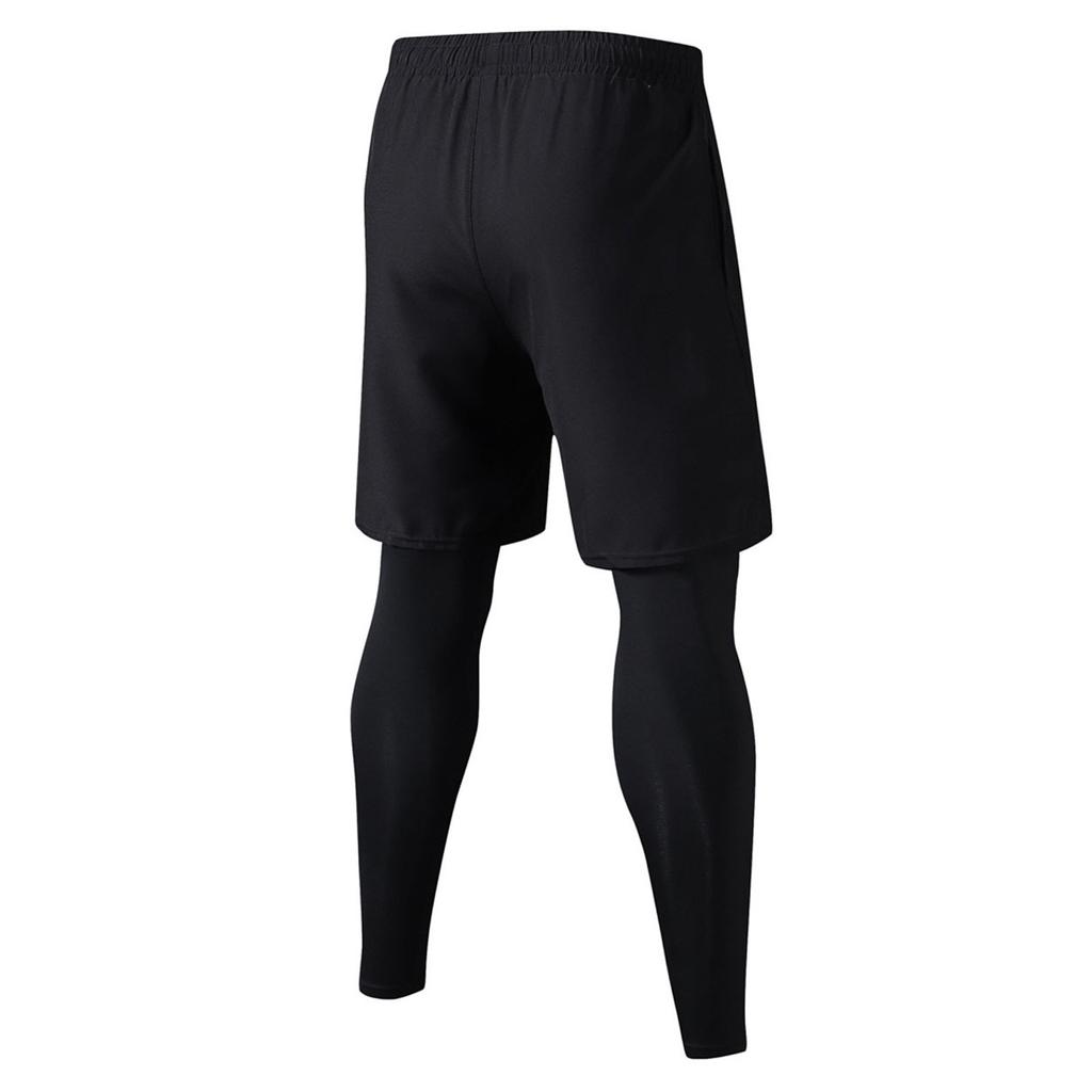 Black Men's Fake 2 Piece Pants Training Elastic Quick Drying 2 in 1 Gym Leggings Pants for Exercise