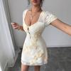 Women Mesh Embroidered Square Neck High Waist Slim Short Vacation Casual Dress
