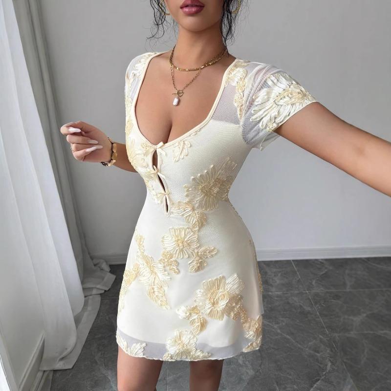Women Mesh Embroidered Square Neck High Waist Slim Short Vacation Casual Dress