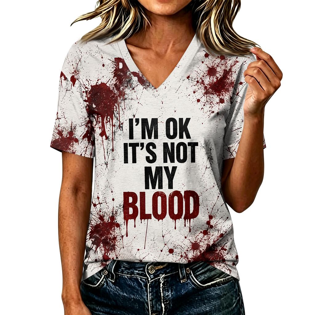 Women's Casual V-Neck Top with Halloween Print for Fall Festive Wear