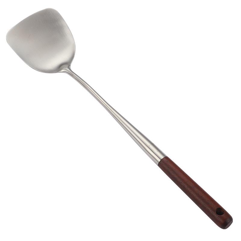304 Stainless Steel Wok Spatula with Extended Wooden Handle - Kitchen Stir-Fry & Slotted Spoon Wok Spatula