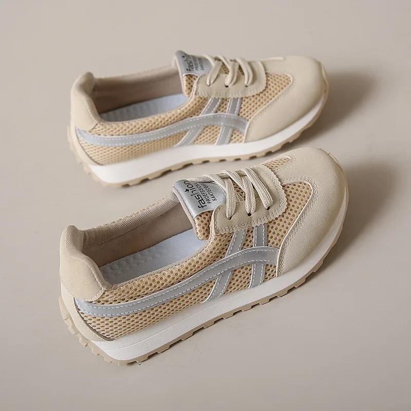 Fashion Women's Shoes 2025 Spring and Summer Breathable Casual Shoes Korean Female Non-slip Lace-up Mesh Walking Shoes Zapatillas Mujer