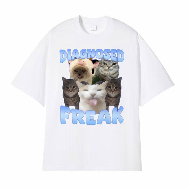 Diagnosed Freak Funny Watermelon Cat Meme Tshirt Men Womens Summer Streetwear Tee Shirt Fashion Oversized Cotton Humor T Shirt