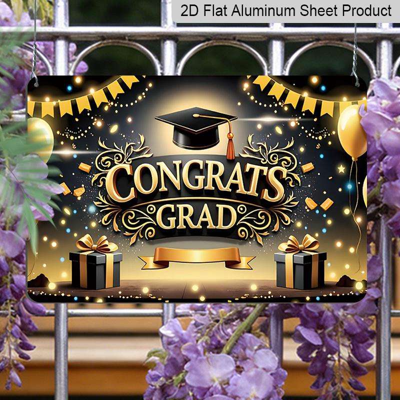 2D Flat, 1pc "Congrats Grad" Graduation Plaque - Black & Gold Graduation Decor Sign with Cap & Balloons, Black & Gold - Aluminium Wall Hanging