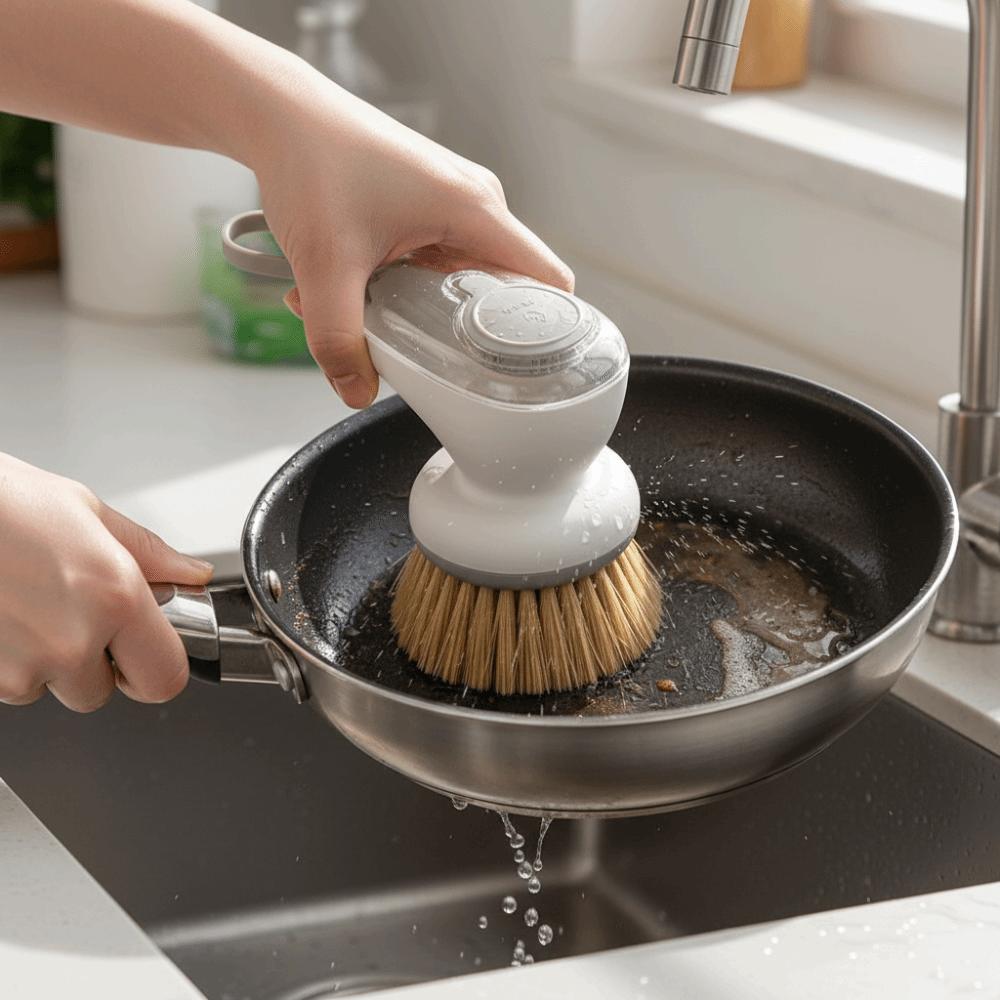 2 Stück/Set Automatischer Flüssigkeitsspender-Topf mit Druckknopf und Bürste Effizienter Küchenschwamm Geschirrreinigung