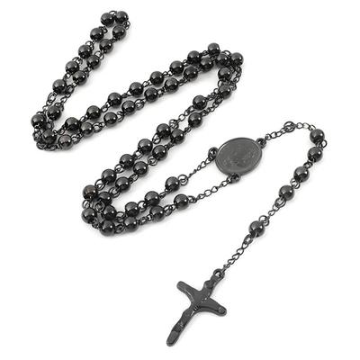 Fashion Fine 4mm Rosary Necklace Vintage Stainless Steel Black Oval Pendant Cross Charm Necklace