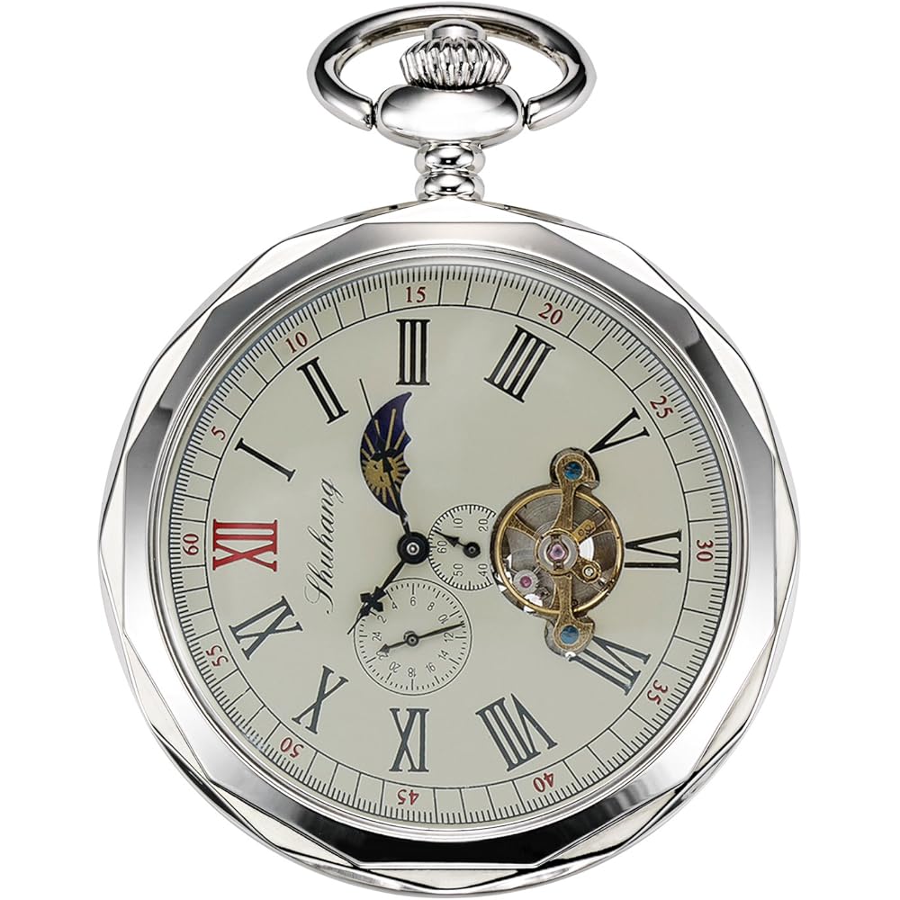 Treeweto Mechanical Pocket Watch Silver Roman Numerals Open Face 24-Hour Day Night Display with Chain and Gift Box