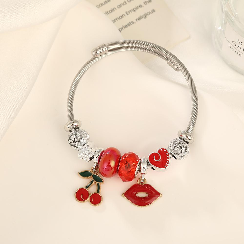 

Fashion Cherry Beaded Bracelet Stainless Steel Bangle Fresh Design Women Accessory Trendy Gift diameter 5.8cm