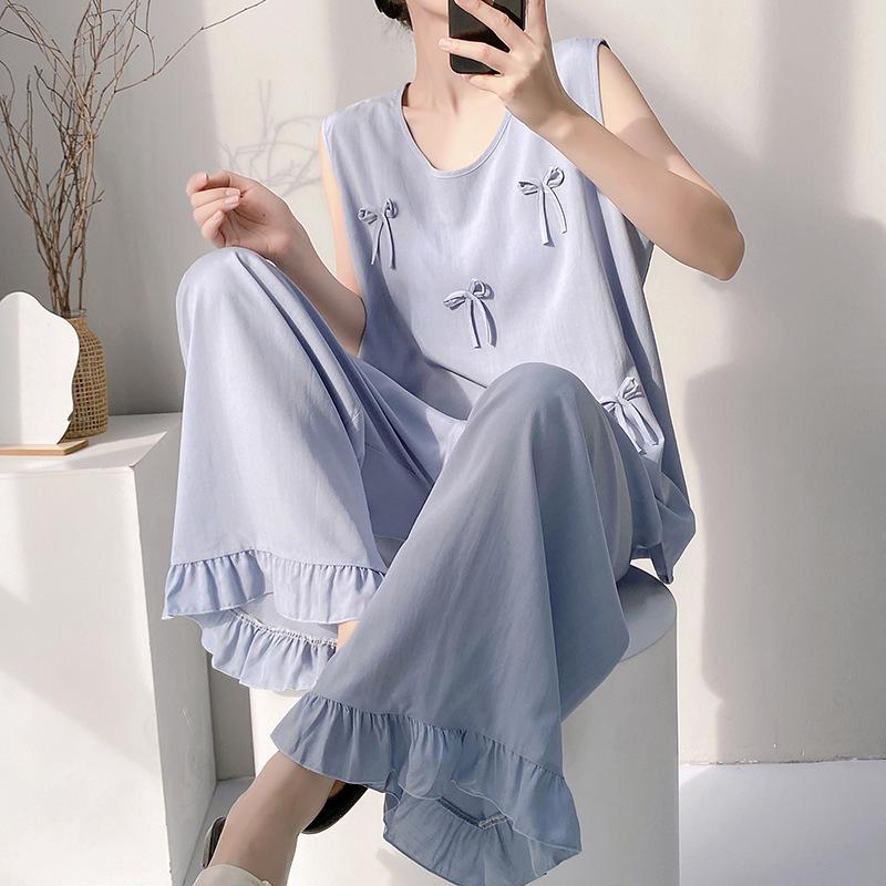 Summer Crew Neck Sleeveless Vest Two-piece Set Cotton and Silk Pajamas Women's Summer Cotton Silk Women's Summer Suit Dress