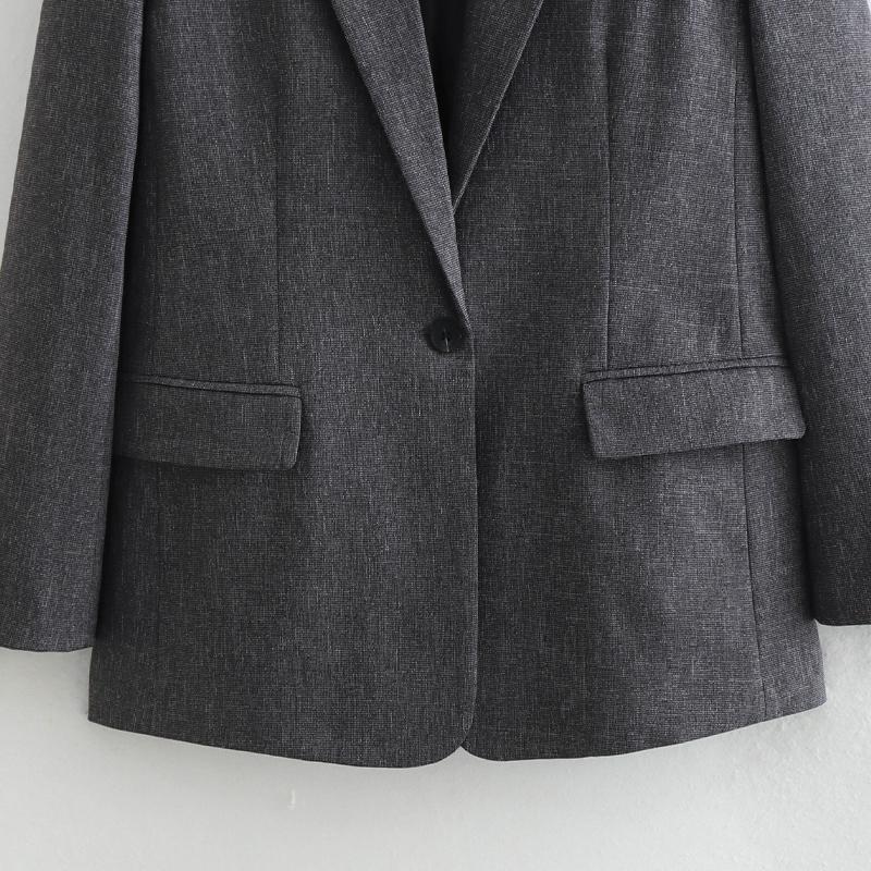 Women Fashion with Pockets Grey Single Button Blazer Vintage Notched Neck Long Sleeves Female Chic Lady